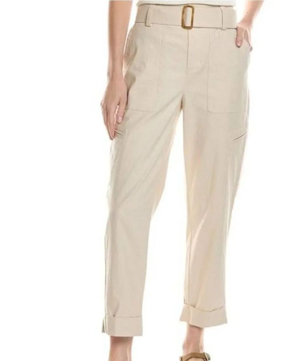 Vince Pants Women's Small Cream Neutral Belted Linen Blend Cropped Utility